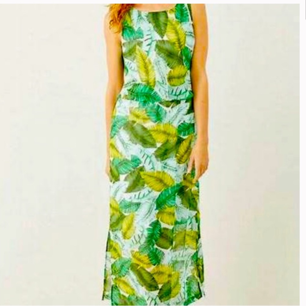J.Jill Palm leaf printed split maxi dress green white sz Medium